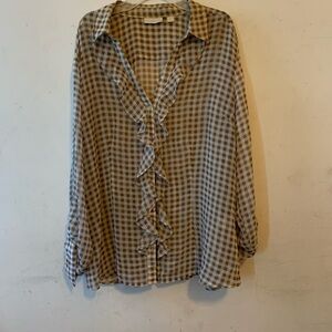 New York & Company Tan and Brown Checkered Blouse